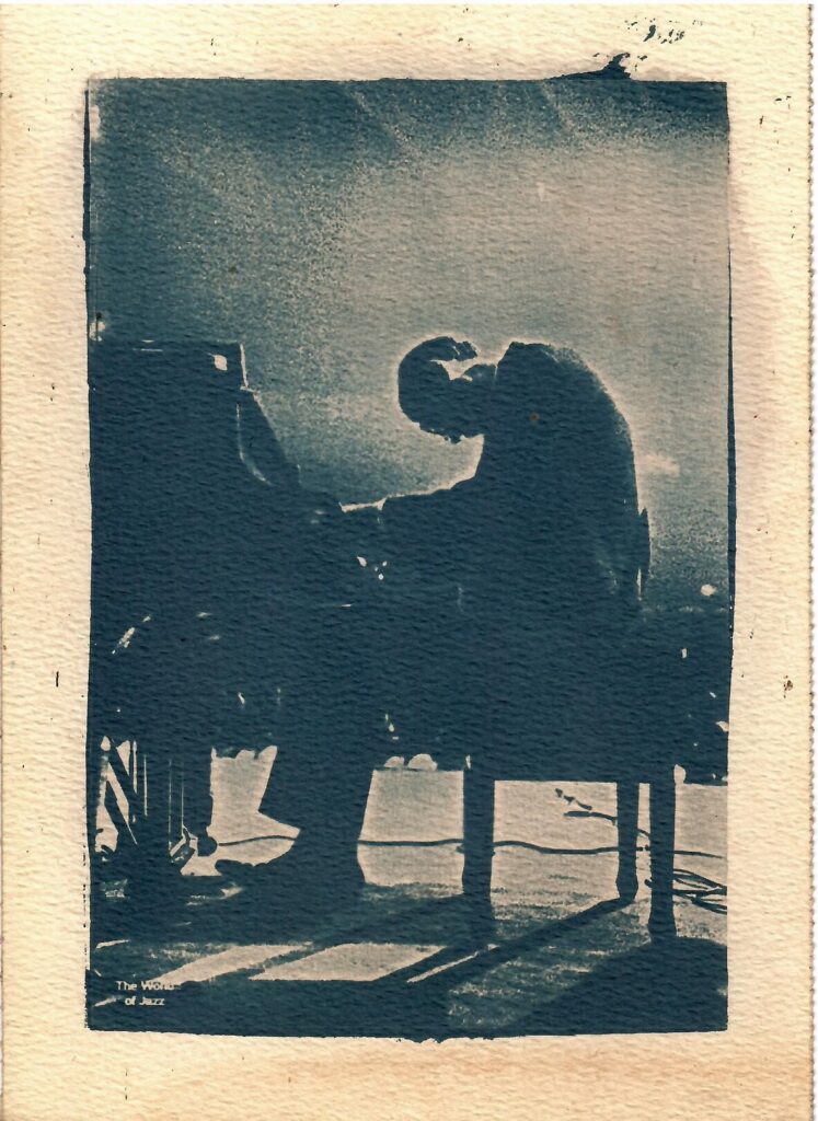 Original cyanotype print by Shone featuring a pianist